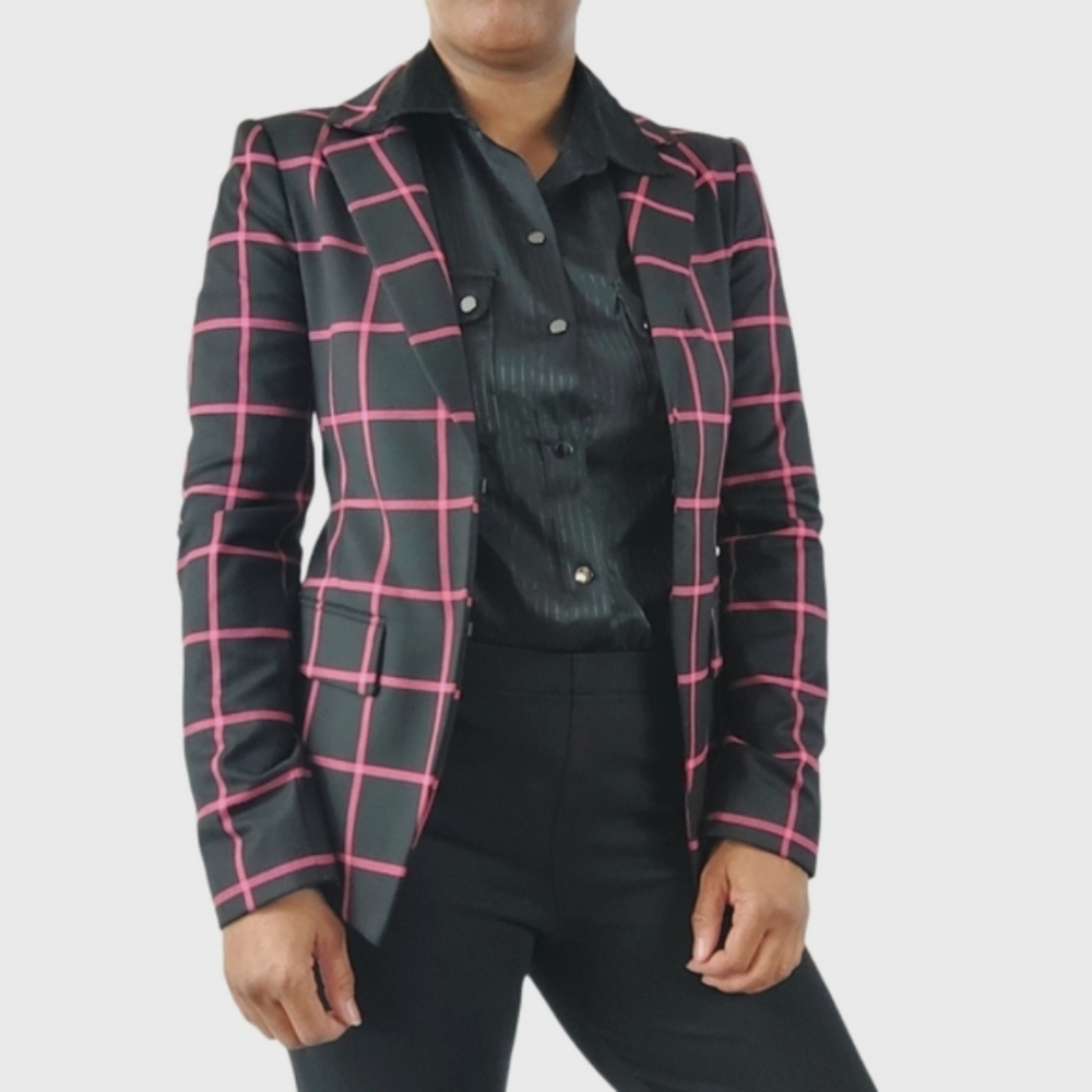 Alice + Olivia Black & Pink Mya Notch Collar Window Pane Blazer